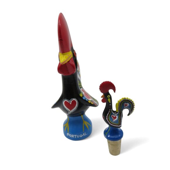 PORTUGUESE ROOSTER Ceramic Bottle Stopper And Cork Set Hand Painted Vintage - Picture 4 of 10